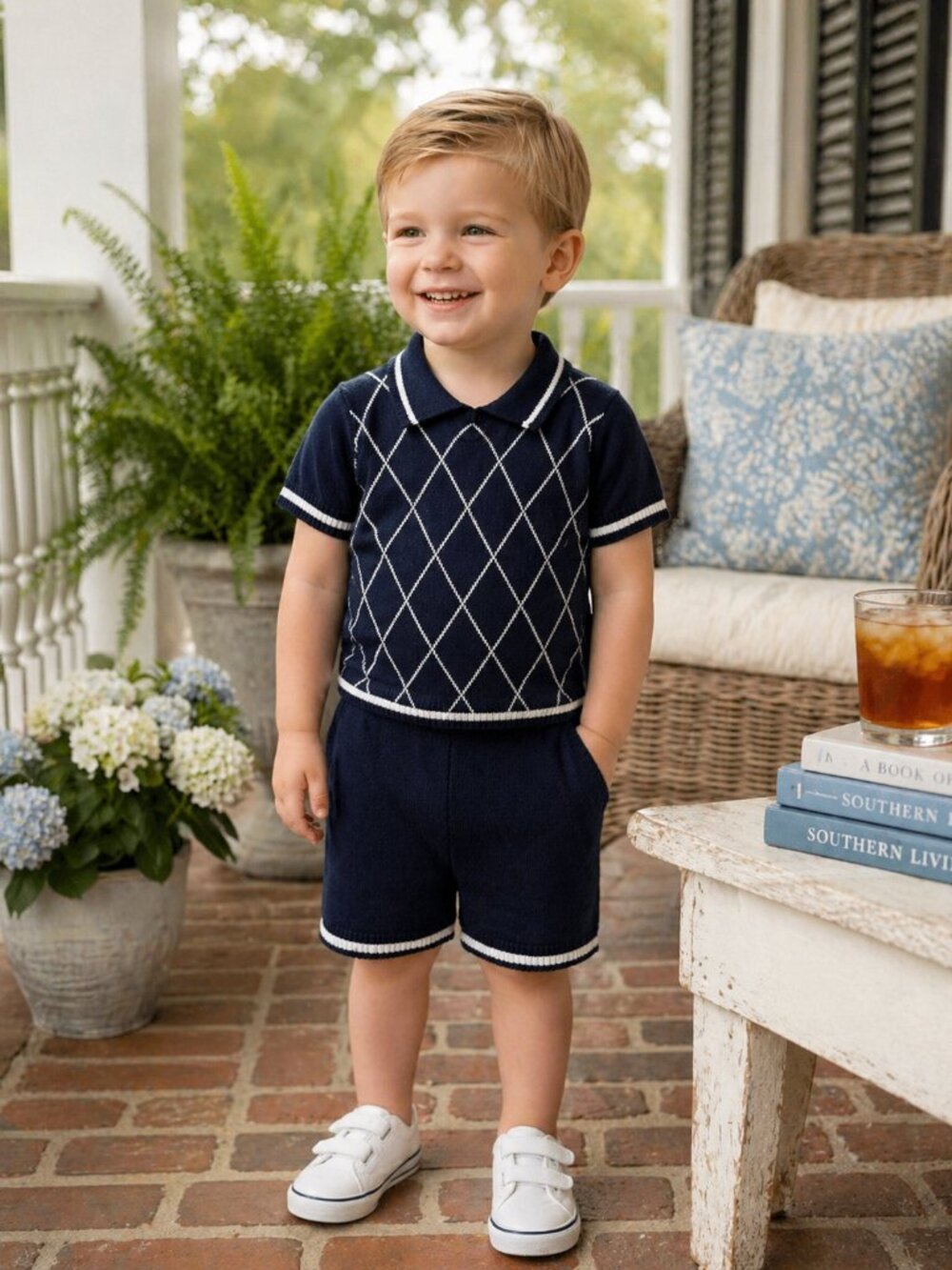 NWT Draper James Boys Knit Sweater Short Set Navy Argyle 2 Piece Outfit 24 Month